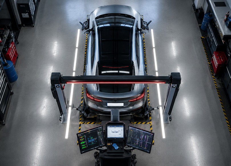 Technician inspecting the underside of a vehicle